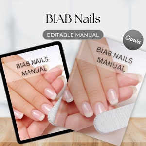 May include: A digital tablet and a printed manual with the text "BIAB NAILS MANUAL" on both. The image shows a close-up of a hand with manicured nails.