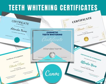 20 x Teeth Whitening Certificates Editable in Canva Printable Tooth Bleaching Certificates Training Academy, Student or Beauty Salon Clinic