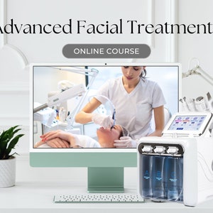May include: A computer screen showing a woman performing a facial treatment on a client. The screen is next to a white facial machine with three clear containers labeled A, B, and C. The text "Advanced Facial Treatments" and "Online Course" is displayed above the computer screen.