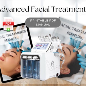 May include: Advanced Facial Treatments manual with a white and blue facial machine, a tablet displaying the manual, and a woman receiving a facial treatment.