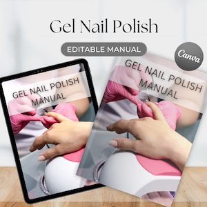 May include: A digital tablet and a printed manual with the text "Gel Nail Polish Manual" on the cover. The manual shows a person wearing pink gloves applying gel nail polish to a customer's hand.
