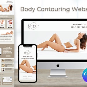May include: A website mockup for a body contouring clinic. The website features a white background with a simple design and a photo of a woman lying on her side. The text "Your Clinic" is displayed in a circle at the top of the page. The text "Non-Invasive Body Contouring" is displayed below the photo. The website is displayed on a computer monitor and a smartphone.