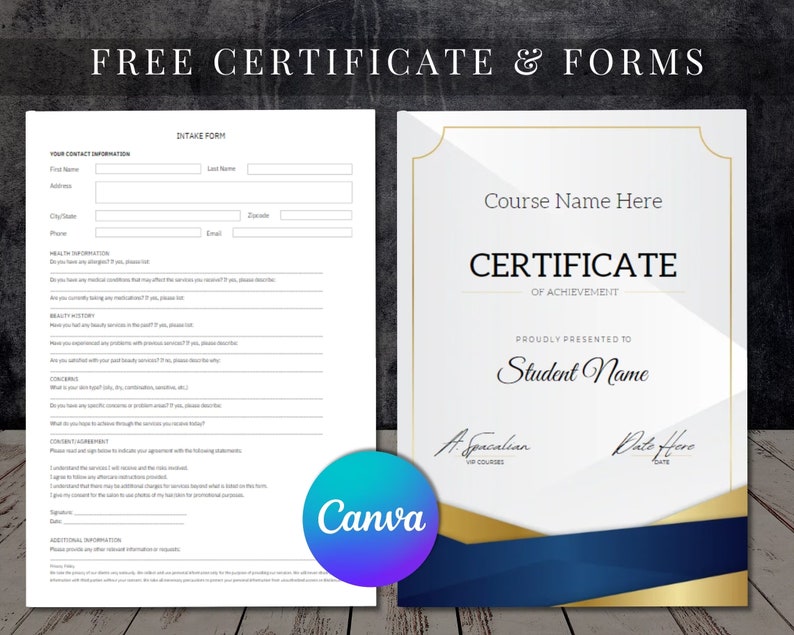 Puede incluir: Un certificado blanco con un dise&ntilde;o geom&eacute;trico azul y dorado. El texto "Nombre del curso aqu&iacute;" y "Certificado de logro" est&aacute; en la parte superior. El texto "Entregado con orgullo a Nombre del estudiante" est&aacute; en el centro. El texto "Un especialista Cursos VIP" y "Fecha aqu&iacute;" est&aacute; en la parte inferior. El certificado est&aacute; sobre una superficie de madera.
