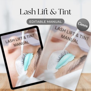 May include: Editable manual for lash lift and tint services. The manual features a close-up image of a person's eye with a lash lift tool and a blue silicone pad.