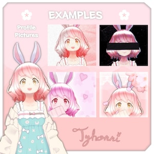 May include: A collage of four images featuring a cartoon character with pink hair and bunny ears. The character is wearing a light blue dress with a white collar and a white cardigan. The background of each image is a different pastel color with various patterns.