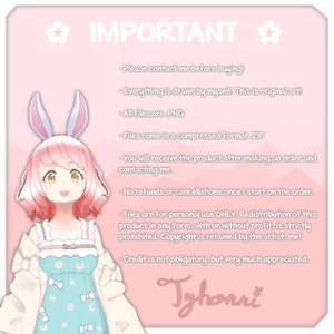 May include: A pink and white illustration of a bunny girl with a pink bow in her hair. The image includes text that reads "IMPORTANT" and lists several important notes for buyers. The text includes information about the format of the files, the artist's copyright, and the terms of use.
