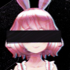 May include: A digital illustration of a pink-haired anime character wearing a bunny ear headband and a white dress with a black bar covering their eyes. The background is black with a glittery effect.
