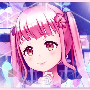 May include: A digital illustration of a young girl with pink hair, wearing a pink and white dress. She has a pink flower in her hair and is smiling.