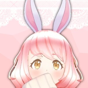 May include: A pink and white digital illustration of a character with bunny ears. The character has pink hair, yellow eyes, and is wearing a white sweater. The text "Tyhormi" is written on either side of the character.
