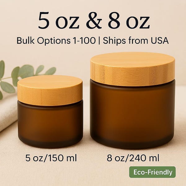 Amber PET Plastic Jars with Bamboo Lids – 5 oz & 8 oz – Bulk Options (1–100 pcs) – Free US Shipping – Cosmetic, Body Butter, Spice Container