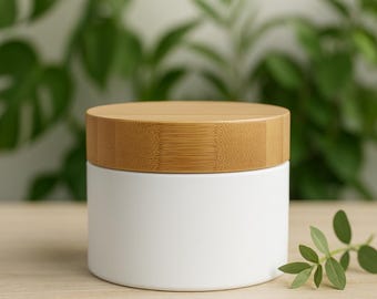 May include: A white ceramic jar with a natural bamboo lid. The jar is cylindrical and sits on a light-colored wooden surface. Green foliage is visible in the background, adding a natural element to the composition.