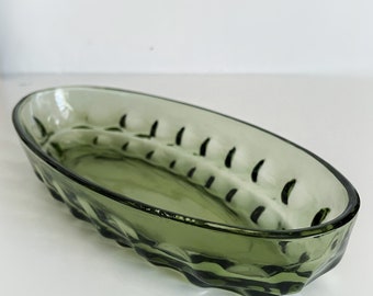 Vintage groene glazen serveerschaal met vingerafdruk, ovale snoepschaal