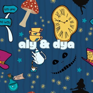 Modello senza cuciture per festa del tè fantasiosa / Orologio fantasy e carta digitale a forma di fungo / Bevimi magicamente in formato PNG