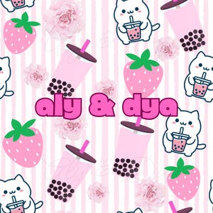 Impression numérique Kawaii Boba Cat – Bubble Tea aux fraises et motif esthétique floral pastel répétitif sans couture