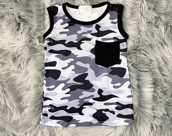 Camouflage Boys Tank Top. Black & White. 2T 3T 4T 5/6 6/7 7/8 8/9 10/12 14/16