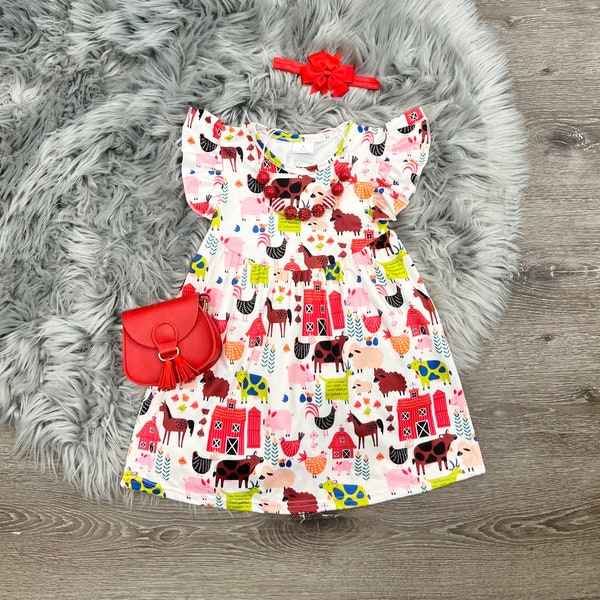 Boutique Farm Friends Dress, Ruffle Dress, 0-3month 3-6month 6-12month 12-18month 6/7 7/8 8/9 10/12 14/16