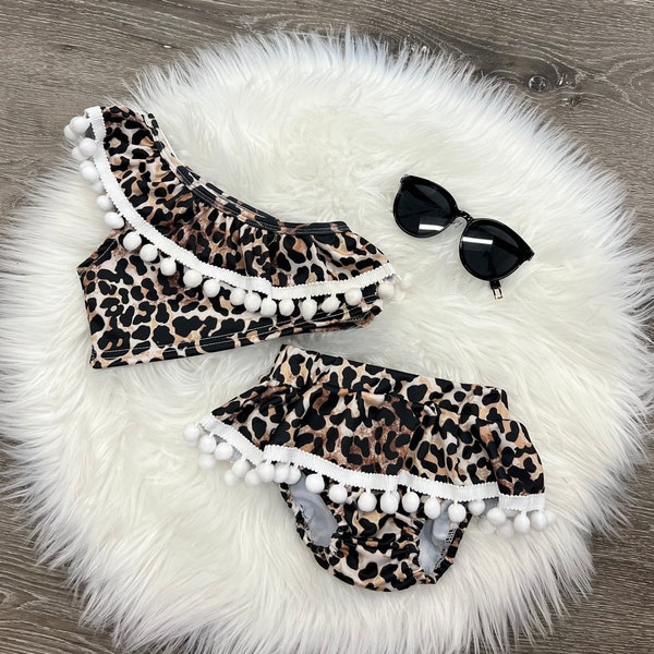 Leopard & Poms Swim Suit. Two-Piece Swim Suit.  5/6 10/12 14/16