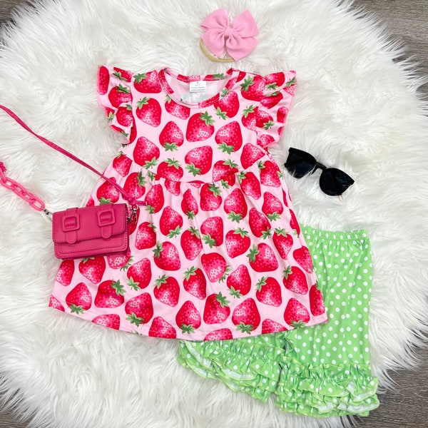 Strawberry Summer Set. Ruffle Shorts and Top Set. Polkadot Shorts. 2T 3T 4T 5/6T 6/7 7/8