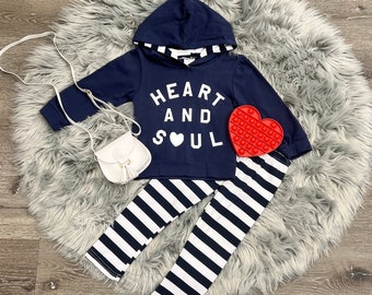 Heart And Soul Set. Hooded Set. Striped. Heart. Long Sleeve.  2T 4T 5/6