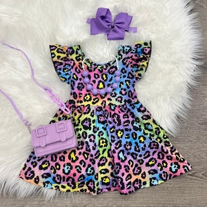 Swirly Rainbow Leopard Flutter Sleeve Dress. Twirly Dress. 3-6month 6-12month 12-18month 2T 6/7 8/9 10/12 14/16