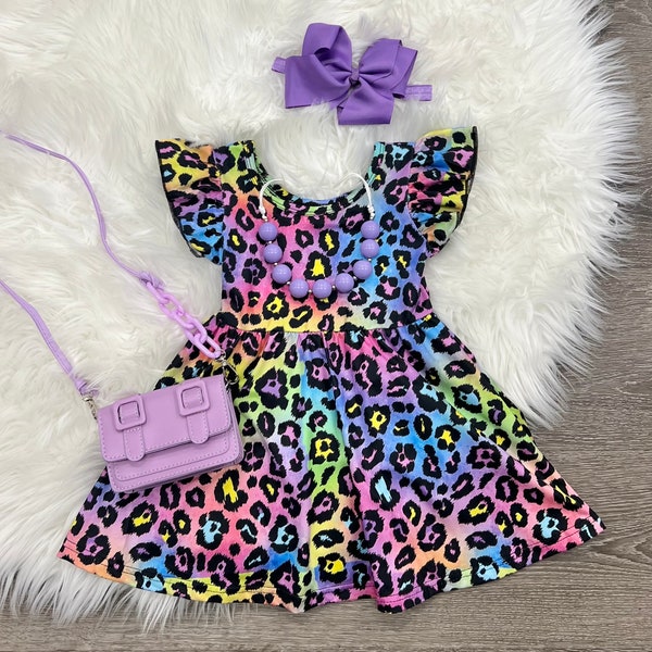 Swirly Rainbow Leopard Flutter Sleeve Dress. Twirly Dress. 3-6month 6-12month 12-18month 2T 6/7 8/9 10/12 14/16