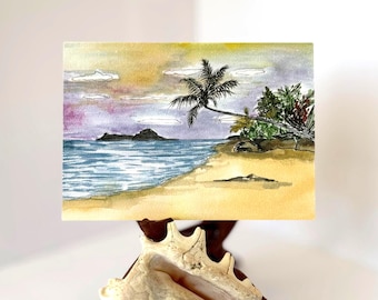 Hawái, playa, océano, palmera, vacaciones, boda, gracias, tarjeta de felicitación en blanco con acuarela