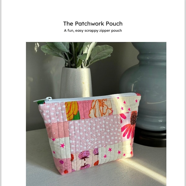 Patchwork Cosmetic Bag PDF SEWING PATTERN, a pretty quilted makeup bag and travel pouch, easy sewing pattern for knitting, crochet projects