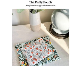 The Puffy Pouch SEWING PATTERN PDF, a pretty travel zipper bag to organize makeup, cute zipper bag for makeup, easy sewing pattern for gifts