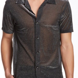 INTIMO Men's Glittering Party Semi-See-Through Camp Button Up Short Sleeve Shirt