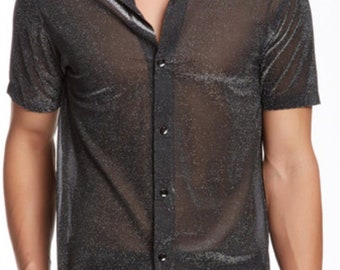 INTIMO Men&#39;s Glittering Party Semi-See-Through Camp Button Up Short Sleeve Shirt