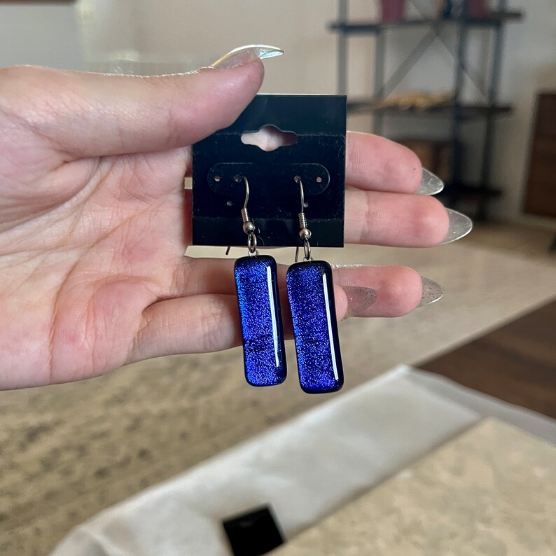 Dichroic Glass Earrings Cobalt Blue Dangle Stud Post Etsy