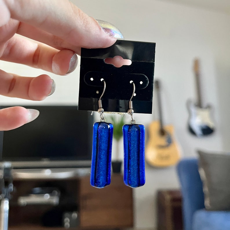 Dichroic Glass Earrings Cobalt Blue Dangle Stud Post Etsy