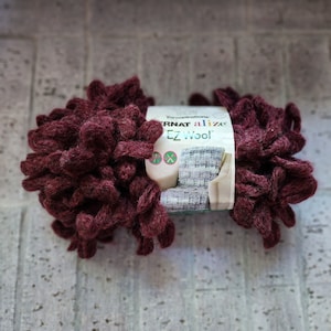 May include: A skein of Bernat Alize EZ Wool yarn in a deep burgundy color. The yarn is packaged in a clear plastic bag with a label that reads "Bernat Alize EZ Wool".