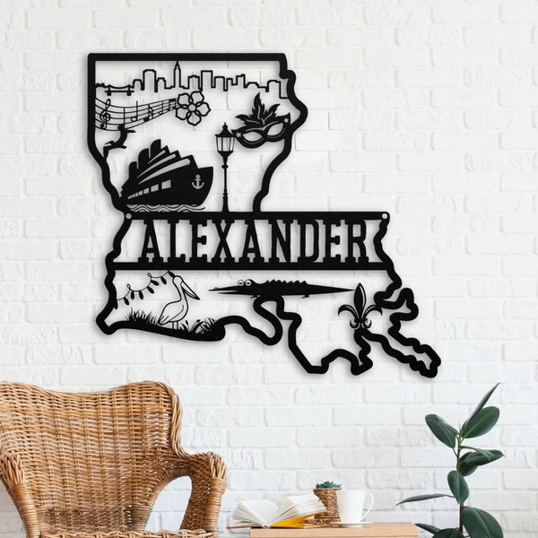Louisiana Map Metal Sign. Personalized New Orleans Sign, Family Last Name Sign, Patio Decor