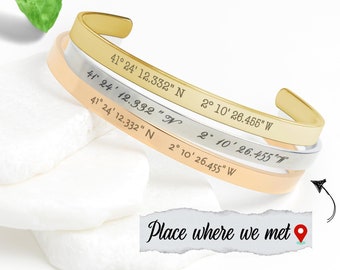 Custom Coordinates Cuff Bracelet: 18K Gold Memorial Jewelry