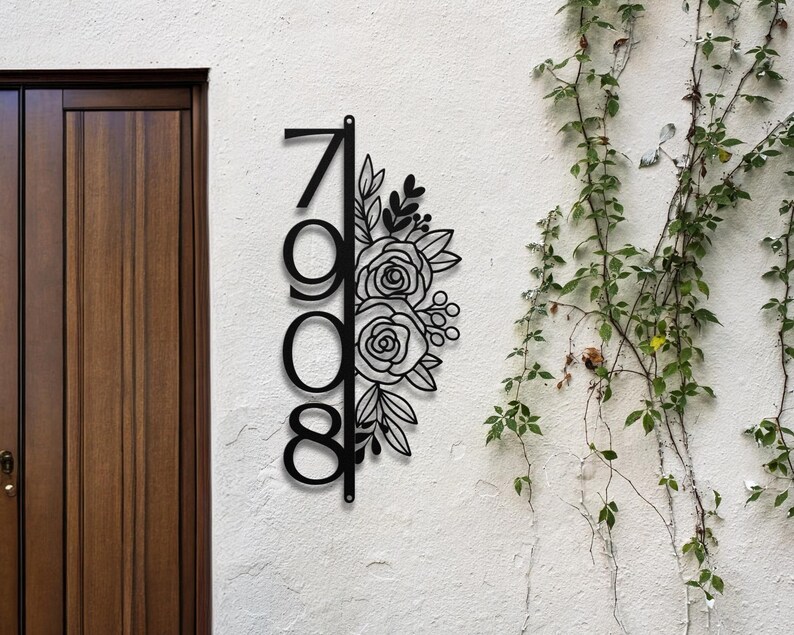 Rose Flower Metal Address Sign: Vertical House Numbers, Floral Front ...