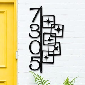 Geometric Starburst Address Sign, Vertical House Numbers, MCM Outdoor Art, Atomic Era Metal Home Decor, Retro Home Plaque