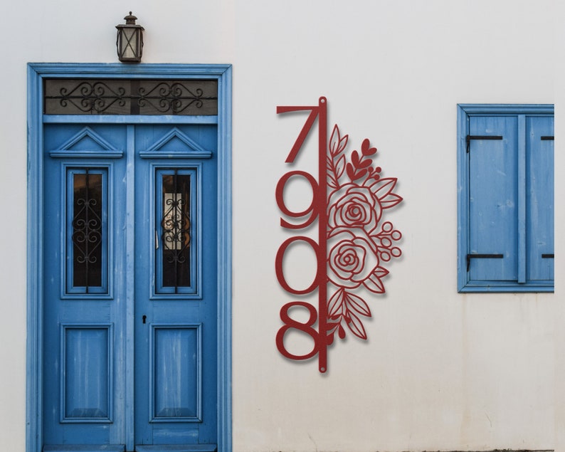 Rose Flower Metal Address Sign: Vertical House Numbers, Floral Front ...