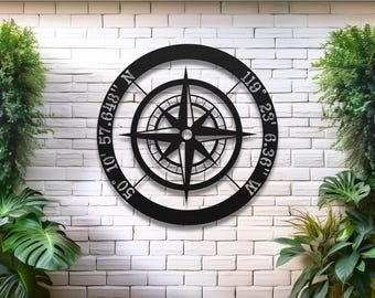 Personalized Compass Metal Sign: Custom GPS Coordinates Nautical Decor, Latitude Longitude
