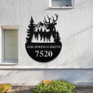 Metal Address Sign, Custom House Number Sign, Address Plaque, Street Sign, Mountain & Deer Outdoor Decor, Housewarming Gift