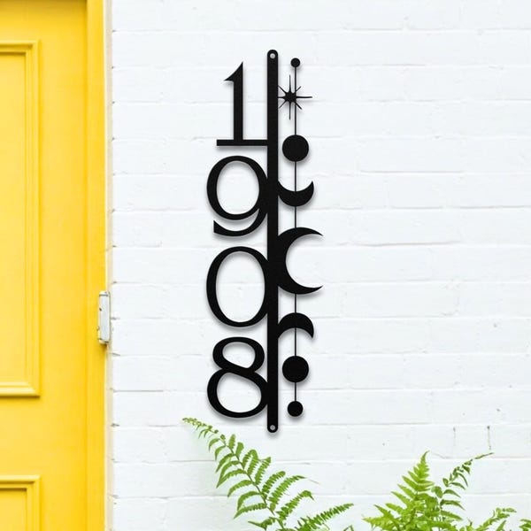 Moon Phases Address Sign: Vertical House Numbers,  Mid Century Modern Outdoor Metal Plaque