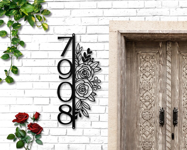 Rose Flower Metal Address Sign: Vertical House Numbers, Floral Front ...