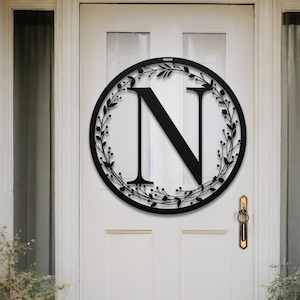 Metal Letter Monogram Wreath Sign: Personalized Door Hanger, Name Initials Outdoor Decor