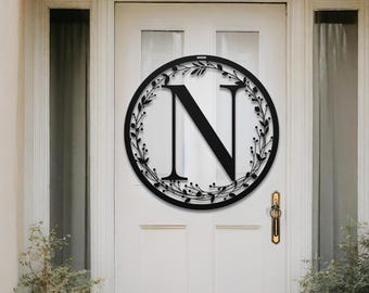 Metal Letter Monogram Wreath Sign: Personalized Door Hanger, Name Initials Outdoor Decor