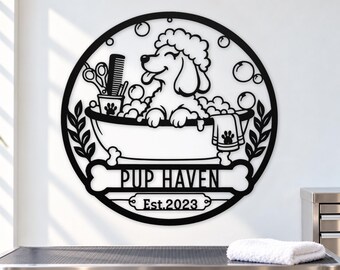 Personalized Dog Grooming Salon Metal Sign, Custom Pet Spa Wall Decor, Groomer Shop Gift