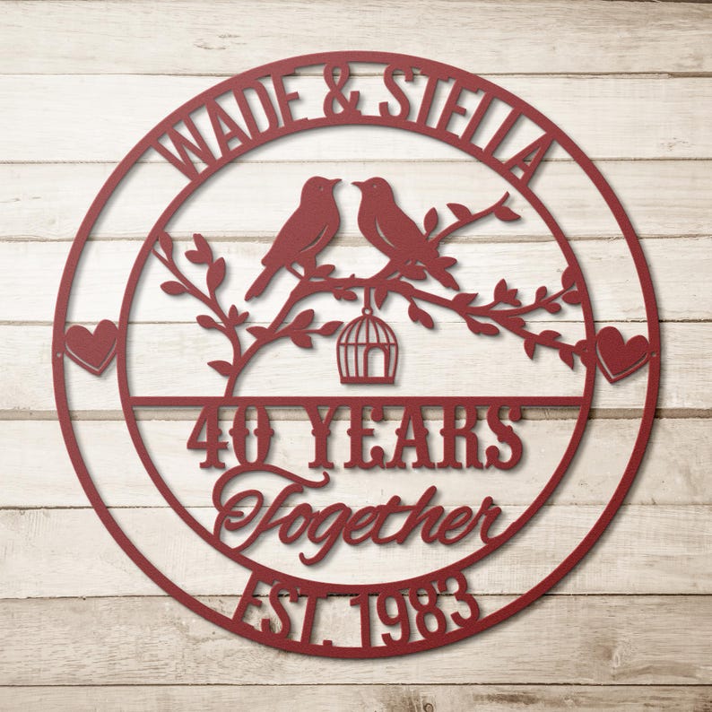 Personalized Love Birds Metal Anniversary Sign, Custom Couple Name Red