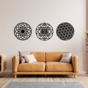 Sacred Geometry Metal Sign, Set of 3 Mandala, Flower of Life, Seed Of Life, Sri Yantra, Geometric Wall Art