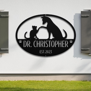 Personalized Vet Clinic Sign: Cat & Dog Silhouette Metal Wall Art -Veterinary Office Decor