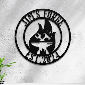 May include: Black metal sign with the text "Jim's Forge Est. 2024" and a stylized image of a blacksmith's anvil with a hammer and wrench.
