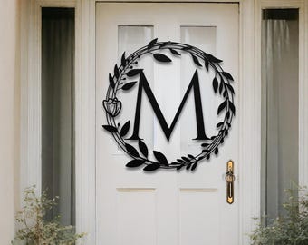 Leaf Wreath Monogram Metal Sign - Custom Name Initial Door Hanger - Front Porch Decor